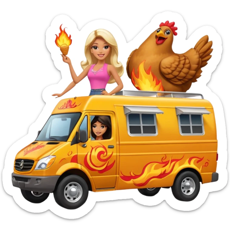 Hispanic pollo loco Barbie’s insanely flaming hot butt burning chicken sandwich Extended length Sprinter 4500 van high roof off road rally delivery food truck capable of rock and desert racing  sticker