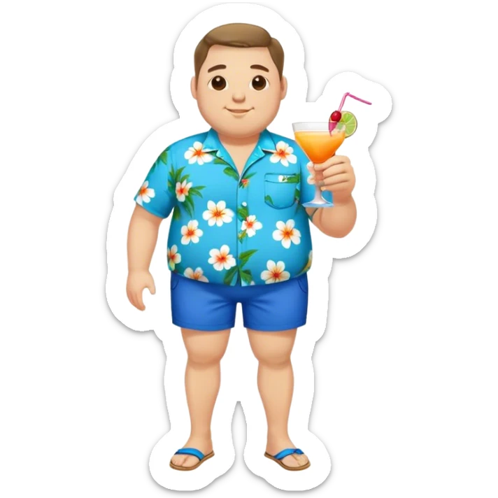 chubby guy full figure in a flowered azure havai shirt, brown shorts and flippers holding a cocktail sticker