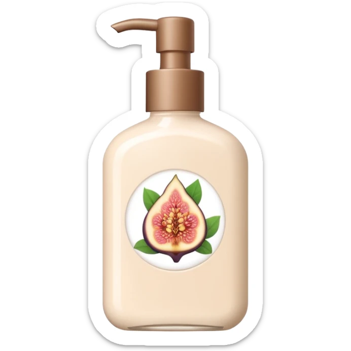 Emoji-style illustration of a minimal body lotion bottle inspired by tea and fig fragrance.
Elegant, calm color palette, soft beige or ivory bottle, subtle botanical mood,
flat design, clean lines, modern beauty branding aesthetic, no logo, no text. sticker
