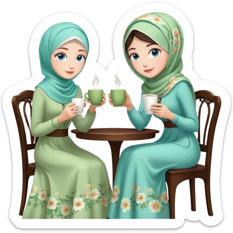 Turkish beautiful finish Konya girls blue eyes with Beautiful light green floral hijab long tail dress and the two friends in a white lovely coffeehouse sits on the chair on the ground and holds cup coffe with her hand  sticker