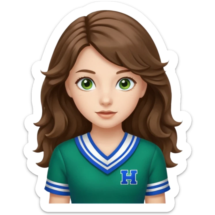 A pretty girl with blue eyes, brown long wavy hair, qnd wear green Hawkins cheerleader uniform sticker