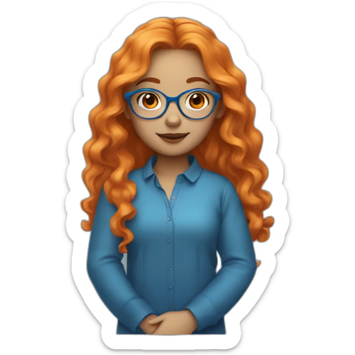 A girl with orange long wavy hair, blue glasses and a blue blousse sticker