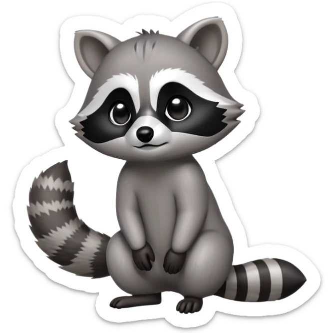 Cinematic-cute Raccoon-Realistic-hunched Full-Body on all fours-Emoji – Tail flicking lazily, head tilted dramatically, thick grey fur with a signature black mask, sharp and alert ears, simplified yet realistic focused features, highly detailed, glowing with an almost sarcastic glow. big black eyes sticker