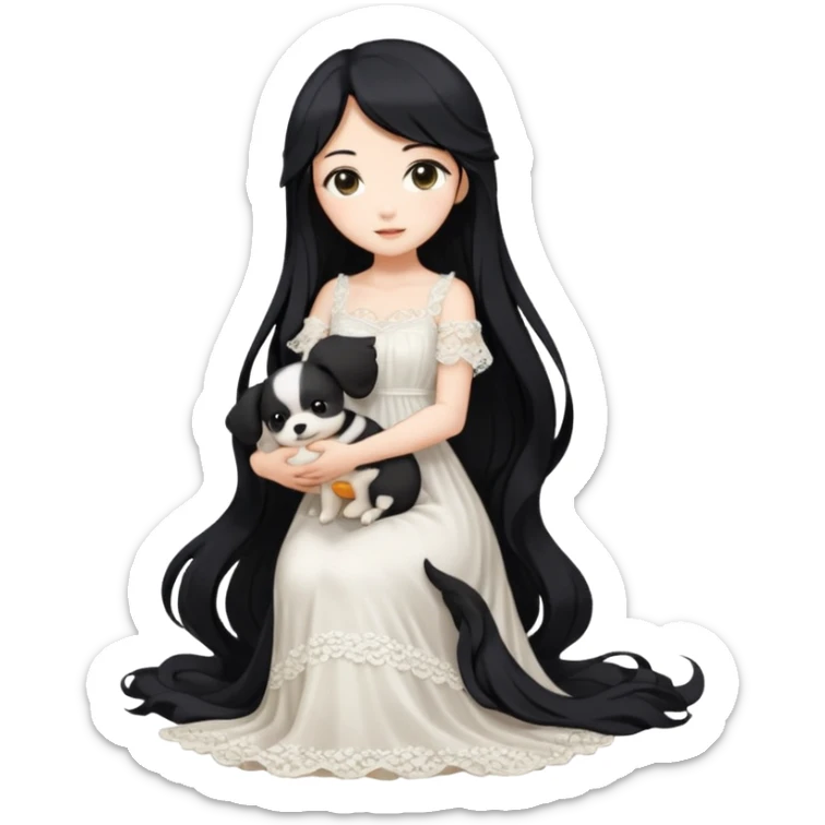 Pastel anime lady long hair with long lace dress full body holding puppy sticker