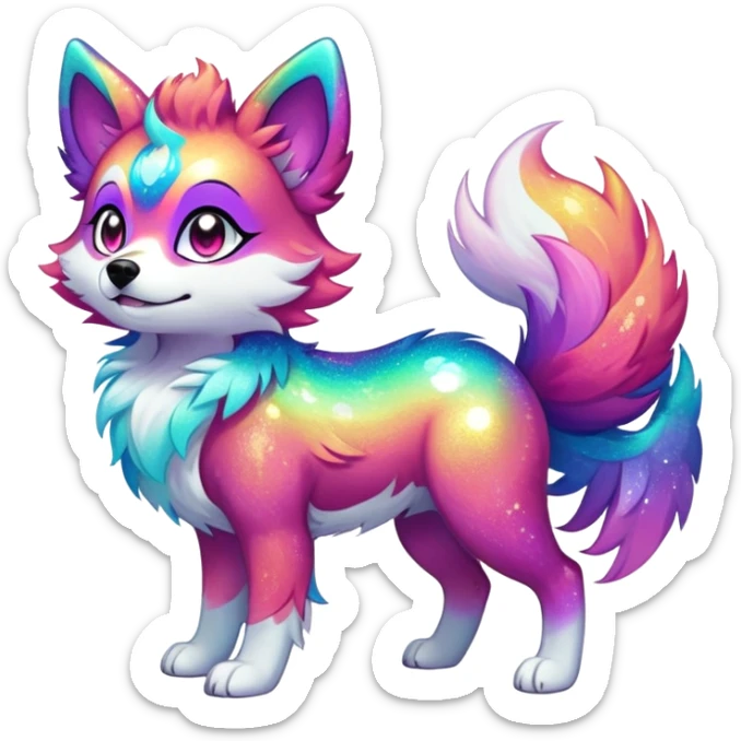 Vibrant multicolored Falvie-Fionbri-creature-sparkle-dog-fursona, full body sticker