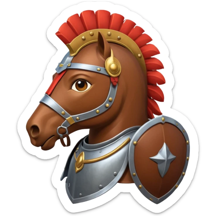 An emoji of a powerful Roman warhorse in full armor, with a feathered helmet. sticker