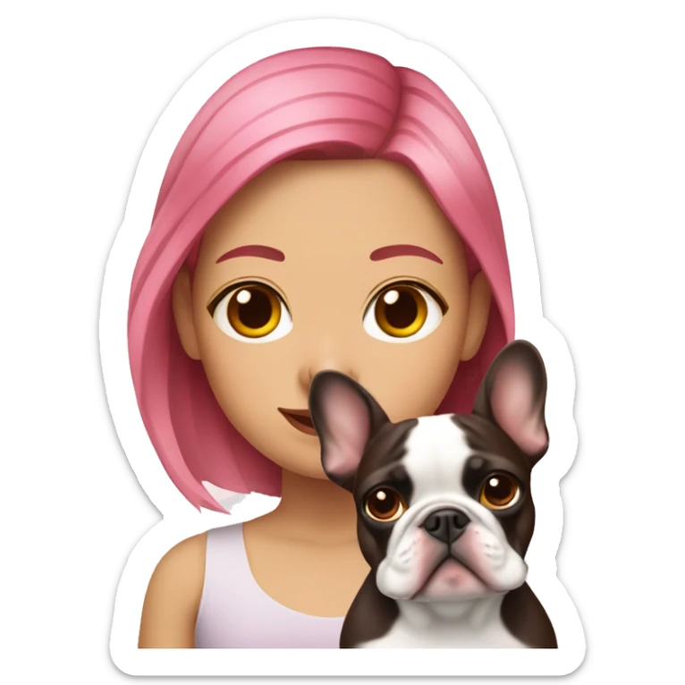  girl with pink hair holding a brown and white french bulldog  sticker