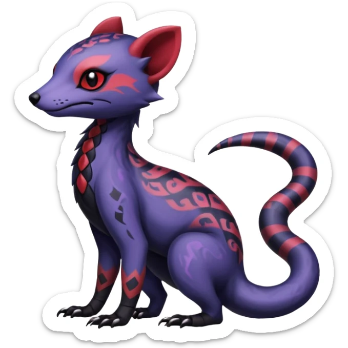 Rare warm-colored exotic gloomy tropical edgy cute epic aesthetic spooky indigo violet white black red gothic colorful Salandit-Noibat-Civet-species-Fakemon-hybrid-creature, with tribal tattoo markings, full body sticker