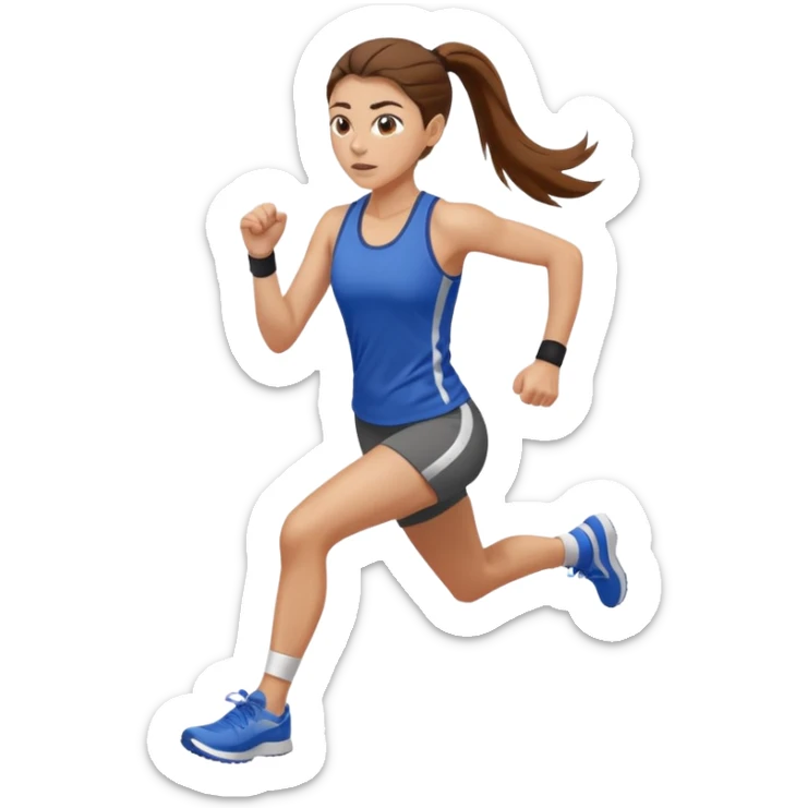 running woman with long brown hair in ponytail, light skin, hazel eyes. sticker