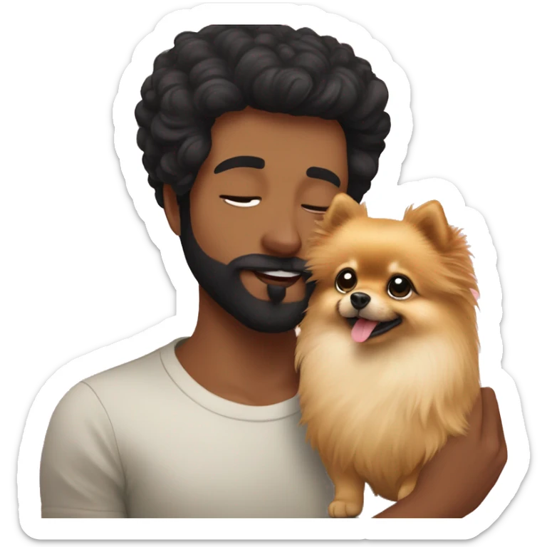 
Pomeranian lulu kissing his human owner with black hair and thin beard sticker