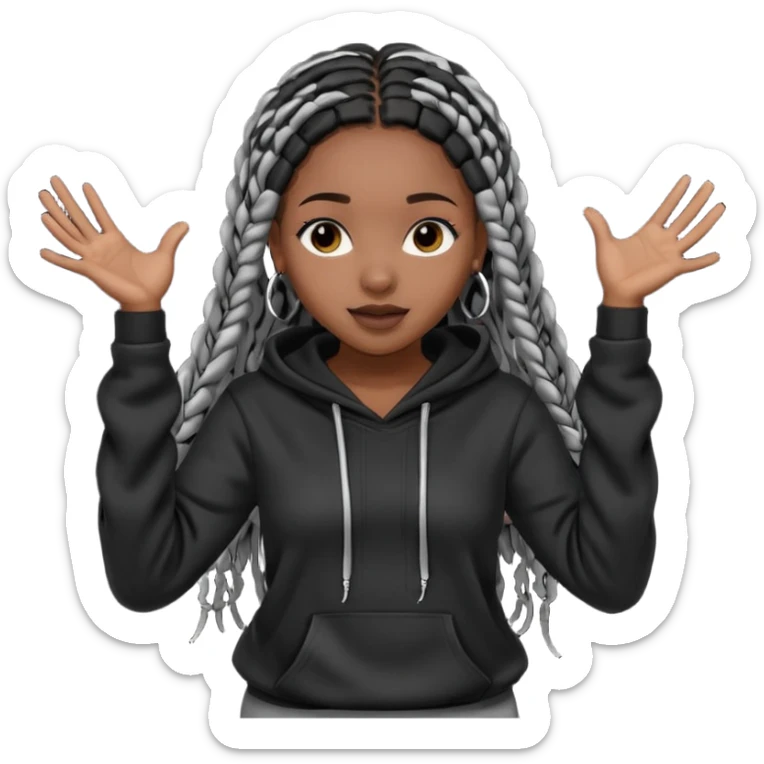 African American girl dark skin with long black box braids wearing plain black hoodie with hands dancing sticker