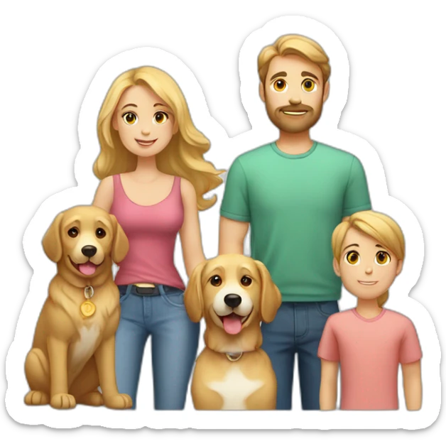 a caucasian family with 2 parents, 2 boys, 1 girl, and 2 golden retrievers sticker