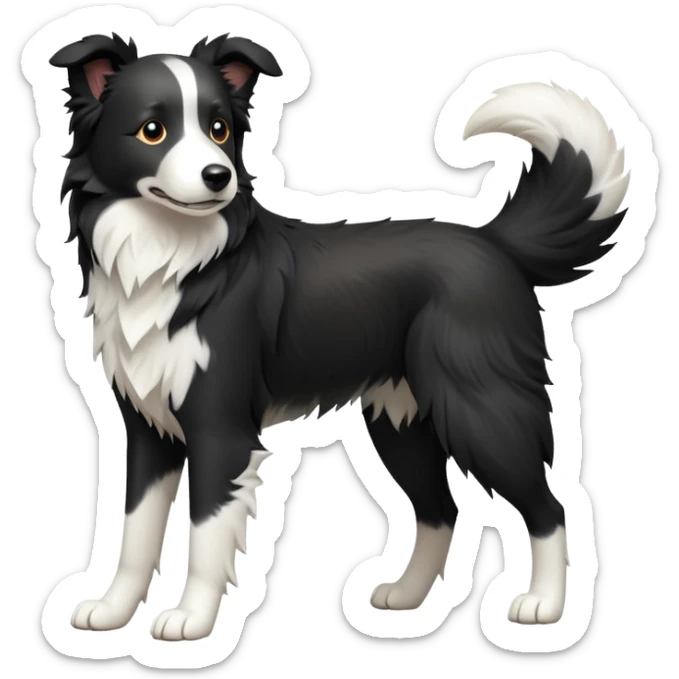 cinematic-[border collie dog]-realistic-full-body-sitting-emoji,-tail-resting-loosely-beside-its-paws,-head-tilted-dramatically,-scruffy-[black and white]-fur,-simplified-yet-realistic-focused-features,-highly-detailed,-glowing-with-an-almost-sarcastic-glow sticker
