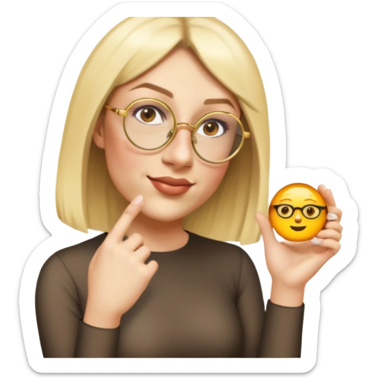 woman, wearing a longlsleeve dress, gold glasses sticker