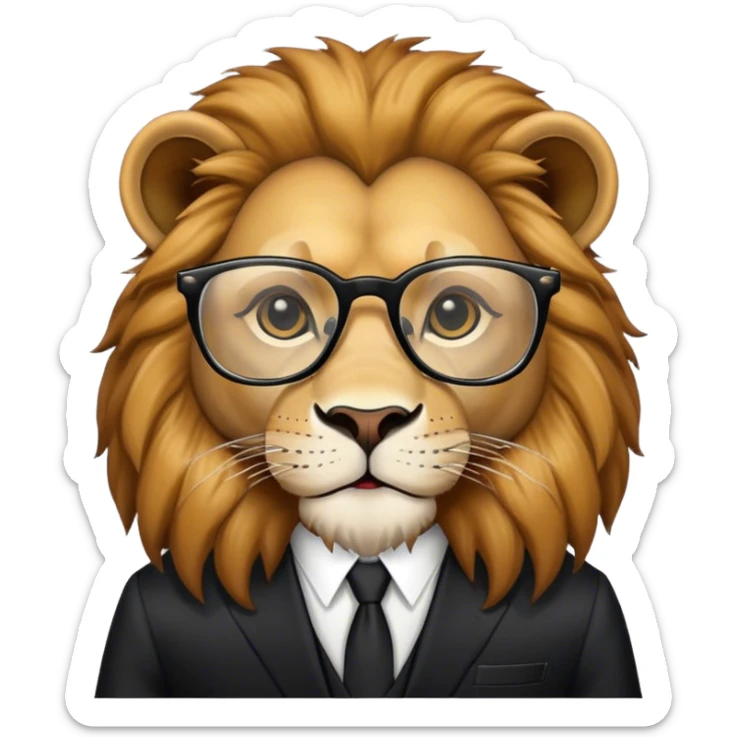 un animal con vestimenta de terno negro y sus lentes de estudio, un animal tierno y que sea el rey de la selva sticker
