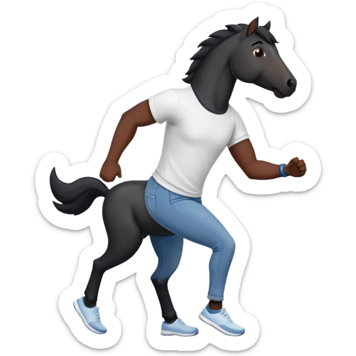 friendly anthropomorphised black stallion in jeans and a t-shirt, jogging upright in relaxed pose sticker