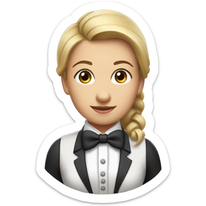 a female butler with a professional and elegant demeanor. She has her hair neatly tied in a ponytail and wears a classic butler uniform, including a tailored vest, crisp white shirt, and bow tie. sticker
