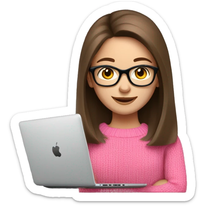 Russian smile Girl with straight brown hair and black glasses frame and in pink sweater working behind laptop sticker