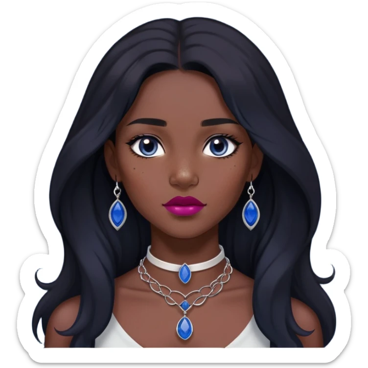 woman katara dark skin freckles dark black long hair reddish pink lipstick choker necklace with sapphire pendant sticker
