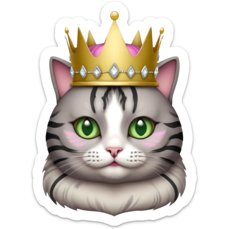 Gatito gris oscura con rayas negras ojos verdes vestida de reina con coronas y diamantes, más peluda y gordita  sticker