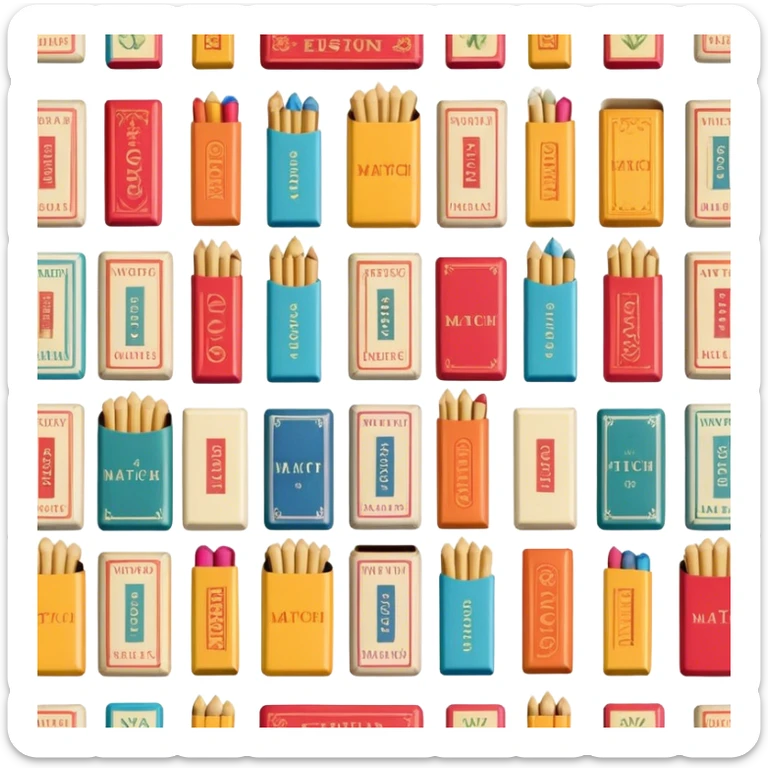 Icon for Matchbox Collecting: a collection of colorful vintage matchboxes arranged in a row, with the match tips visible on the sides. The icon should highlight the unique design and charm of the matchboxes from various places. Transparent background. sticker