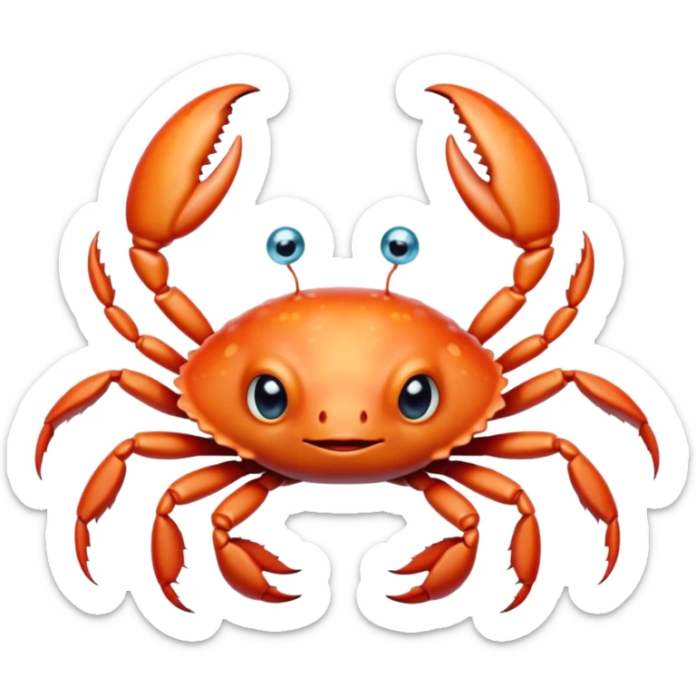 Cinematic Cute Baby Crab Portrait Emoji, Head tilted playfully and inquisitively, featuring an adorably small form with a delicately patterned carapace, round, sparkling eyes, and tiny, endearing pincers, Simplified yet irresistibly adorable features, highly detailed, glowing with a warm, friendly coastal glow, high shine, affectionate and lively, stylized with a touch of seaside whimsy, soft glowing outline, capturing the essence of a mischievous yet loving baby crab that seems as if it could pinch its way out of the screen into your arms! sticker