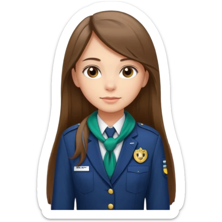 Young girl, long brown straight hair, wearing uniform jacket with hotel name badge, tasteful scarf, stand behind the desk

 sticker