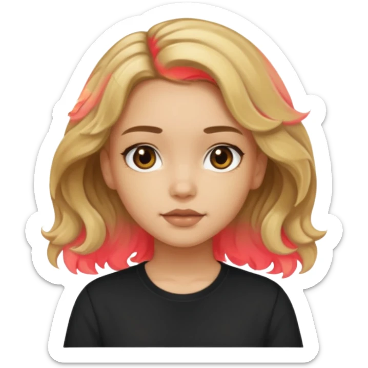 Light skinned girl with dirty blonde wavy hair and deep brown eyes and a black square shirt sticker