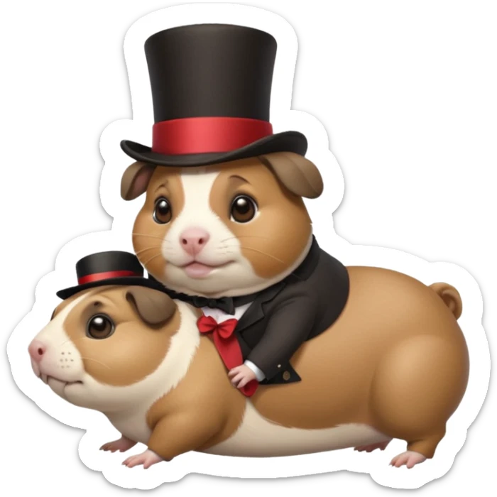 a cute guinea pig wearing a top hat riding on the back of a chubby pug sticker