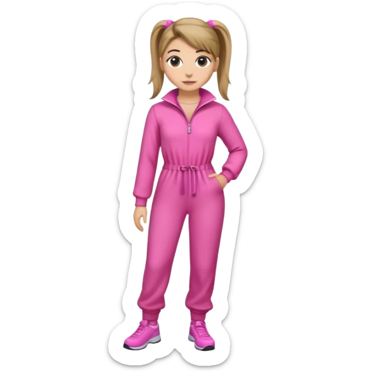 Woman dark blond hair ponytail pink  full body jumpsuit  sticker