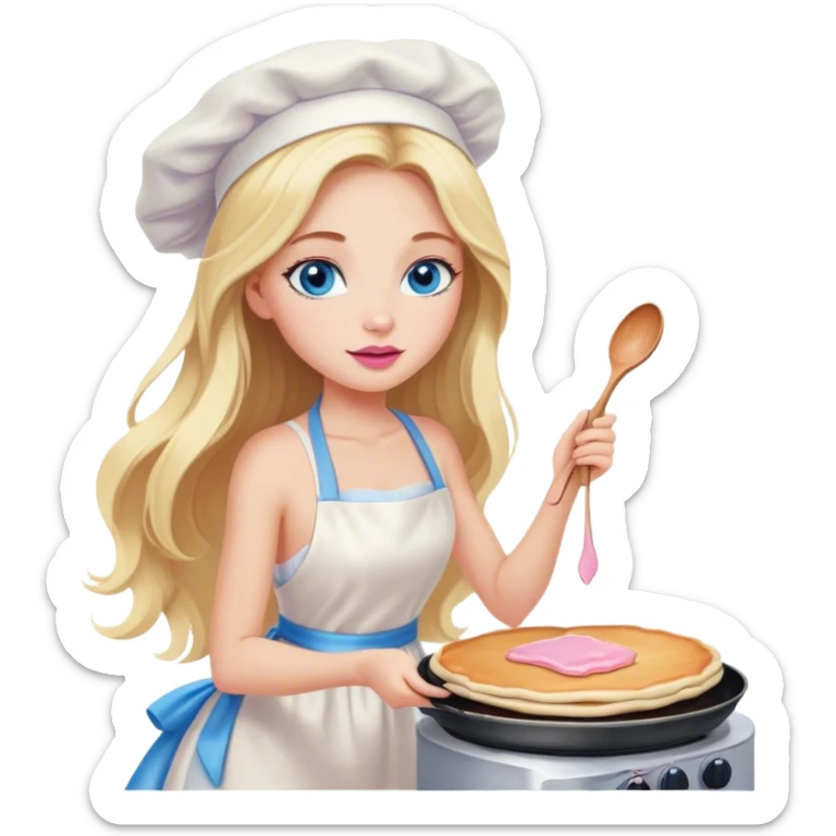 Cinematic realistic beautiful blonde with long hair, blue eyes and pink lips in a white dress cooks pancakes sticker