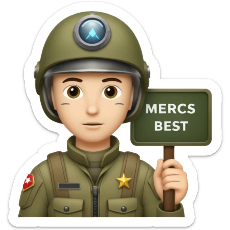 a scifi animated soldier holding a sign  text saying mercs we are the best in gif sticker
