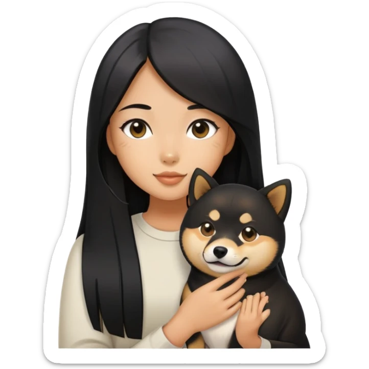 A girl with long black straight hair holding a black Shiba Inu sticker