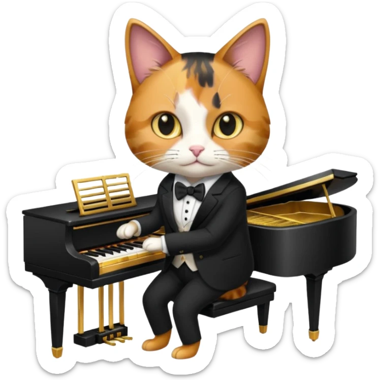 calico cat play gold piano, wear black suit, portrait sticker