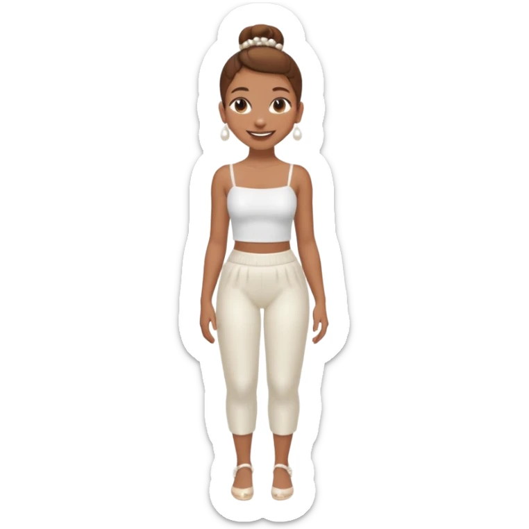 Full body, Light brown skin girl, brown hair in bun, smiling, white tube top, pearl earrings sticker