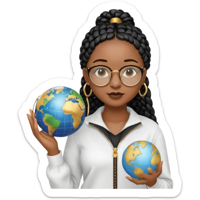 a young woman wearing fine gold round glasses and black hair in several box braids, no earrings, she has light black skin, and she's wearing a white shirt with a black quarterzip. She's holding a globe in one hand sticker
