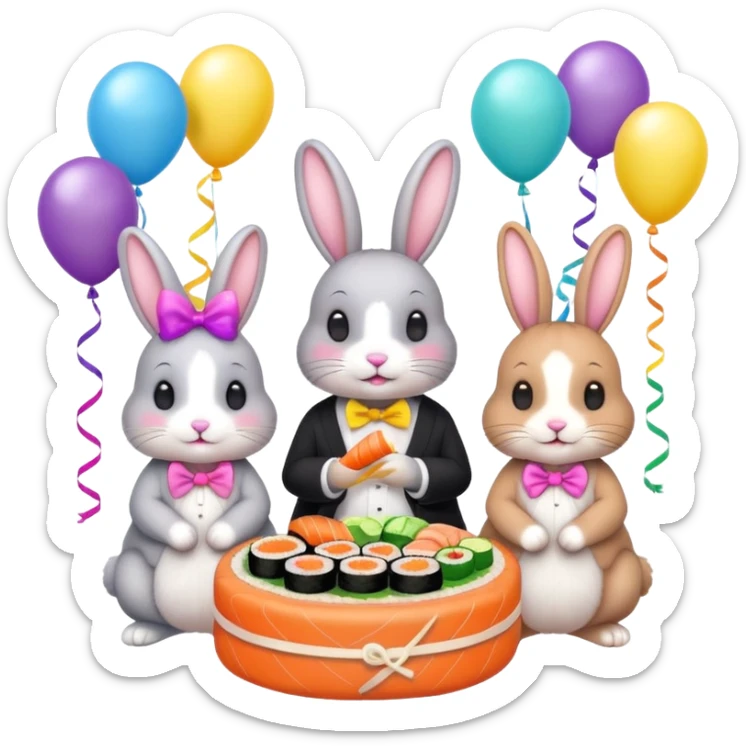 four cute bunny rabbits eating sushi at a birthday party, vibrant colors, balloons, streamers, emoji style sticker