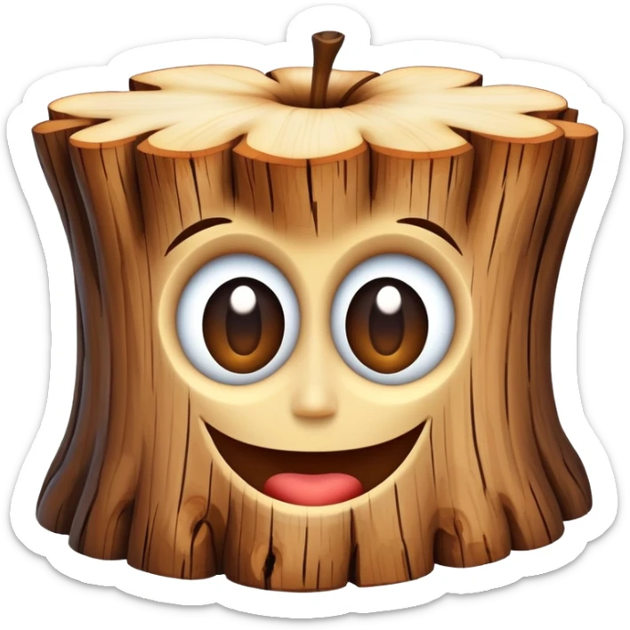 
“Caricatura de un tronco de madera sonriente con grandes ojos estilo emoji de Apple, sosteniendo un pequeño mazo, fondo blanco, estilo simpático y colorido.” sticker