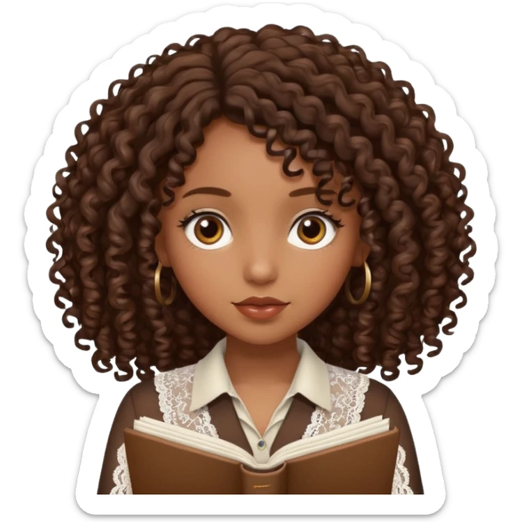 dark brown girl with curly hair writing in girly lace notebook sticker