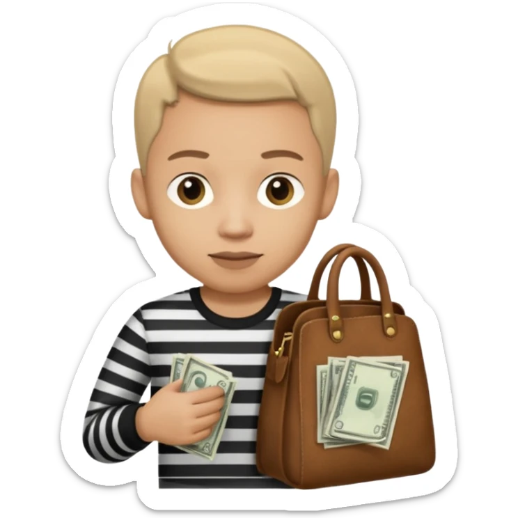 Un ladrón con camisa de rayas blancas y negras mirando hacia la frente con una bolsa de dinero  sticker