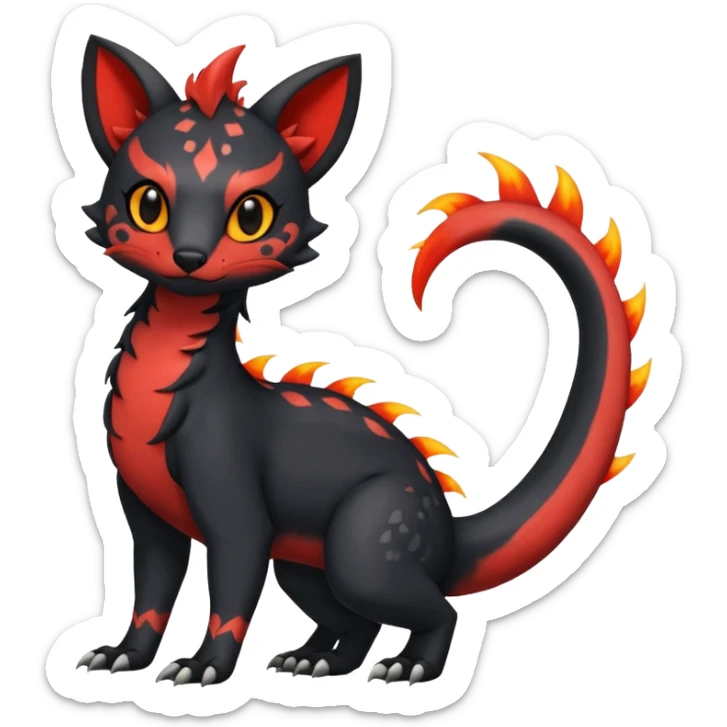 Rare realistic cute gothic Salandit-Litten-Quilava-Civet-species-Fakemon-hybrid-creature, with fiery markings, full body sticker
