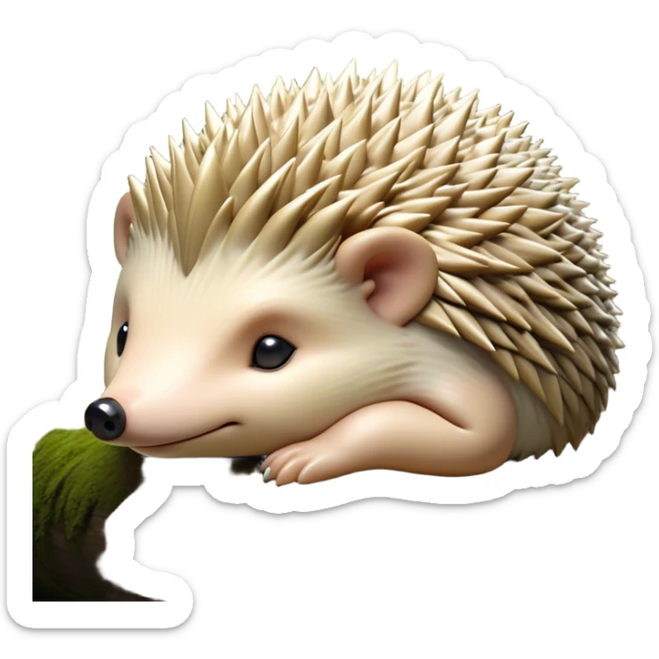 Beautiful and Majestic Hedgehog Portrait Emoji, Head and body resting in serene repose with a gentle, content smile, showcasing a delicately spiky yet soft body with eyes gently closed in peaceful slumber, Simplified yet exquisitely endearing features, highly detailed, glowing with a soft, drowsy forest light, high shine, relaxed and utterly enchanting, stylized with an air of timeless woodland majesty, soft glowing outline, capturing the essence of a beautiful and majestic hedgehog that embodies the serene charm of nature! sticker