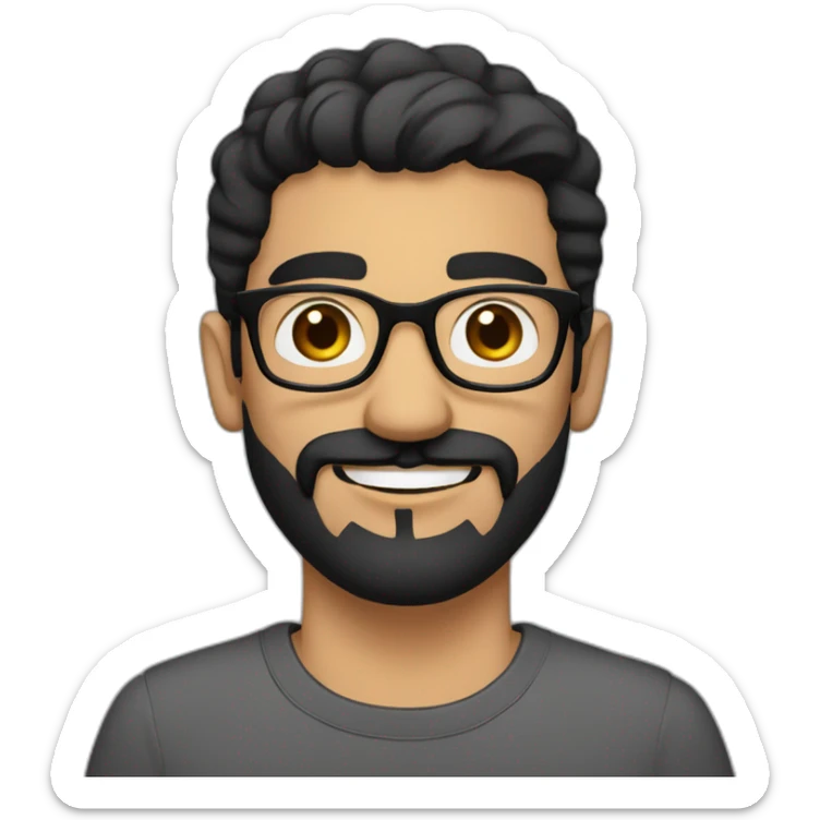 Arabic man, short black hair, round glasses, dark beard and mustash, round-ish face, brown eyes, beautiful smile sticker