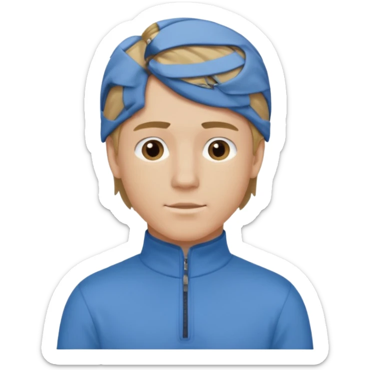 boy with dark blonde hair in a mullet with a neat blue shirt and quarter zip sticker