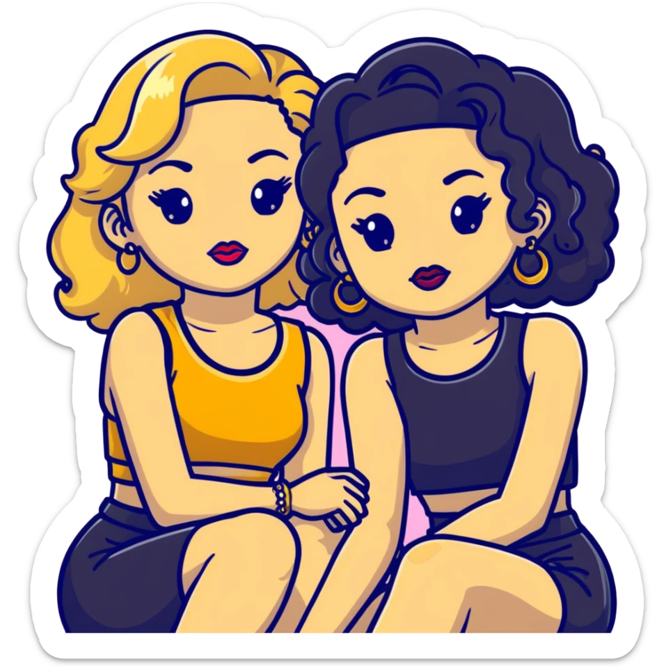 Full body of two teenage girls sitting together, one white with straight blonde hair and one brown-skinned with curly black hair, both with heavy makeup, big lips, crop tops, gold jewelry and flashy choni style outfits sticker