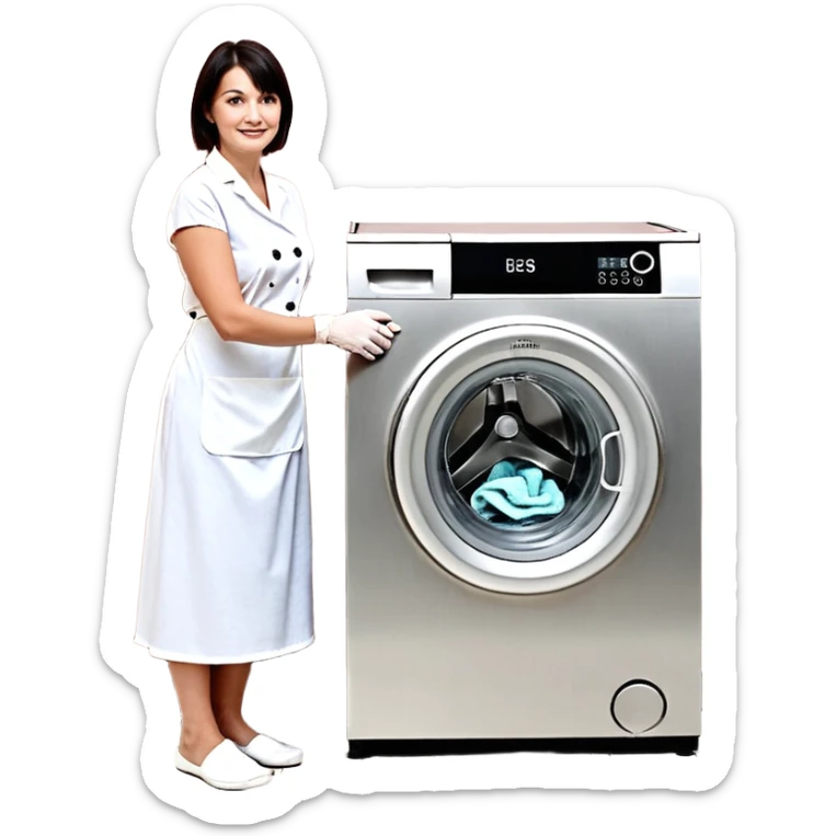 Eine Frau steckt bis zum Bauch in einer Waschmaschine fest und nur die Beine gucken raus und zwei schwarze männer ziehen an ihren Beinen um sie raus zu holen  sticker