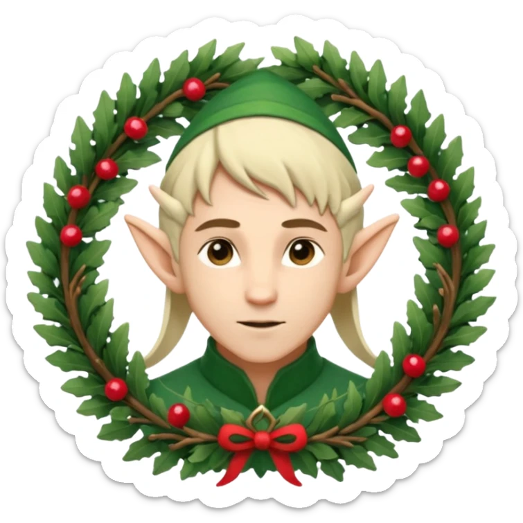 Fantasy elf portrait emoji, winter forest wreath made of pine branches and berries, elven ears visible, calm elegant expression, clean simple design, soft winter colors, flat emoji style, high readability, male variant
 sticker