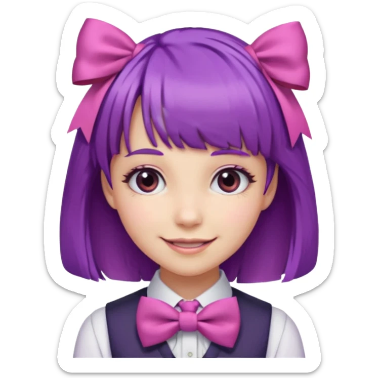 girl with bangs and purple hair and pink hairbow tie on the side of head sticker
