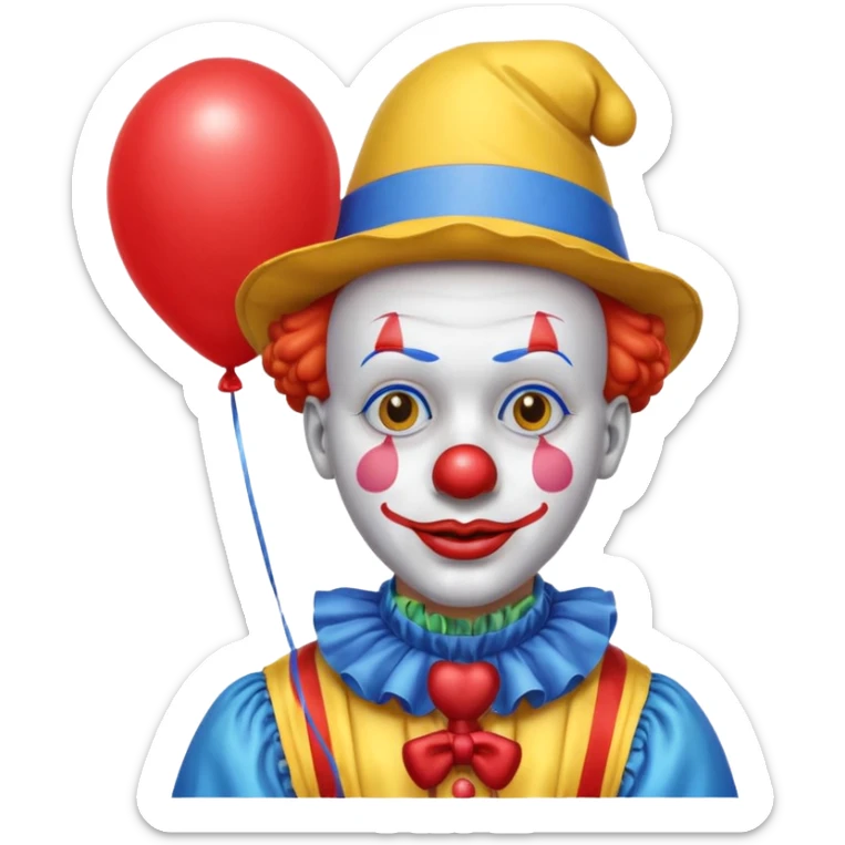 A clown who has a yellow hat, yellow clothes, blue neck ruffle, and a red balloon as his lips; sticker