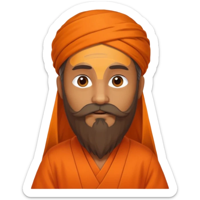 One astrologer sitting in orange color dress looking like a learned person, having beard sticker